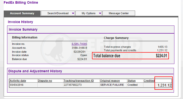 FedEx invoice history money-back guarantee credit