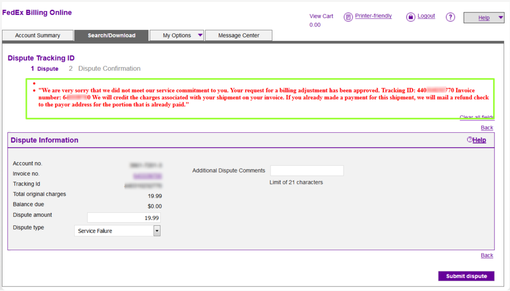 Approved Guaranteed Service Failure Refund on FedEx Online Billing