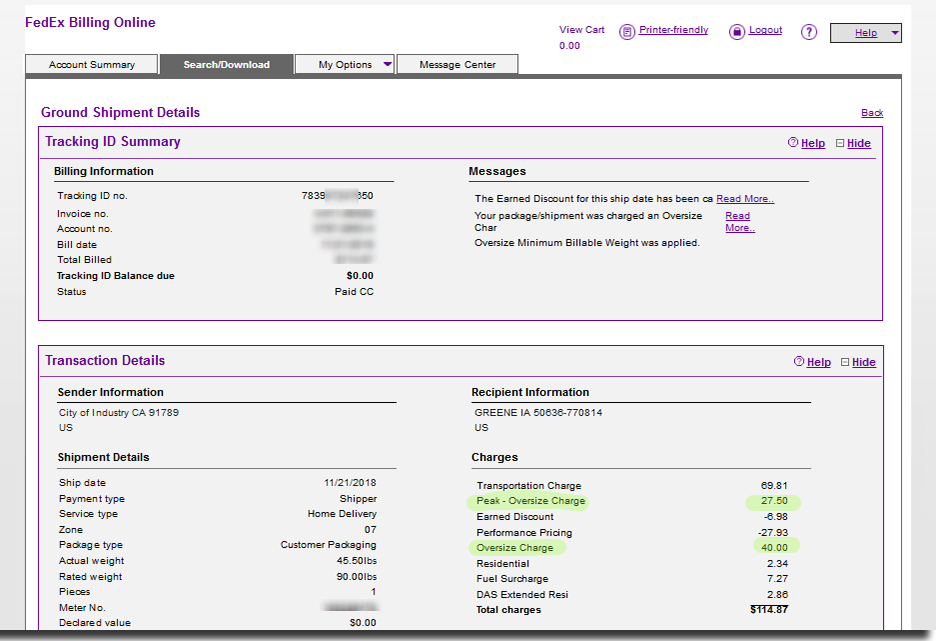 FedEx Online Billing Oversize Charge