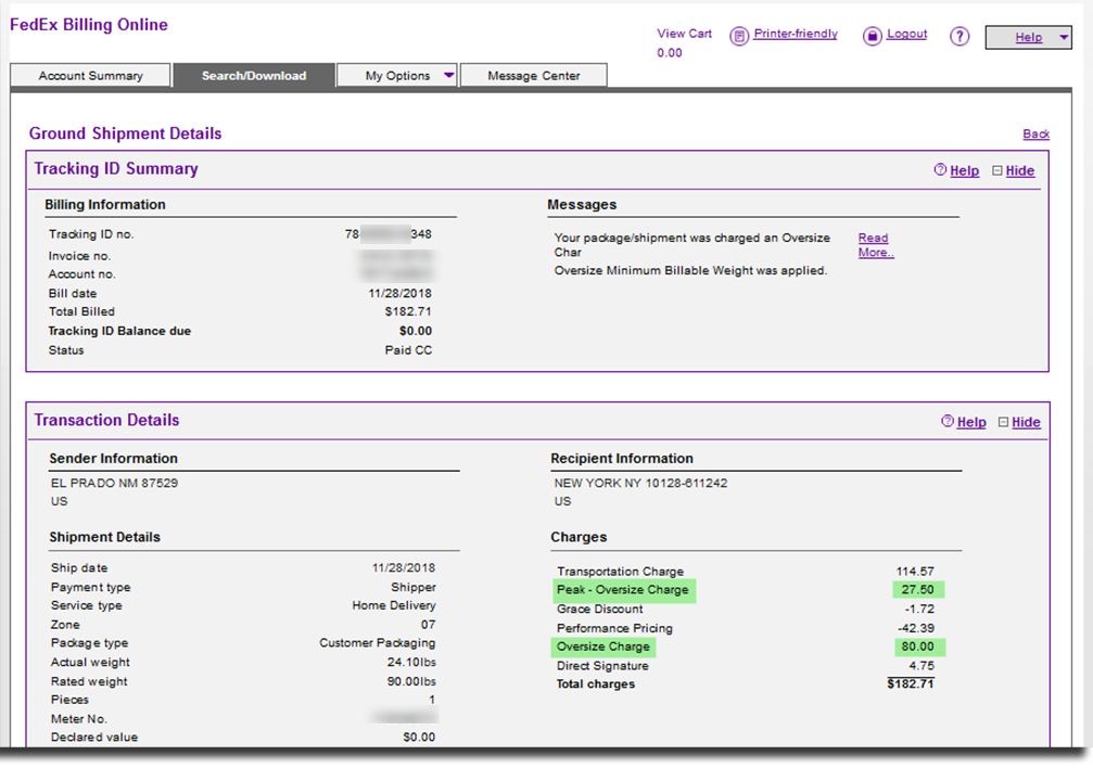 fedex billing peak oversize charge