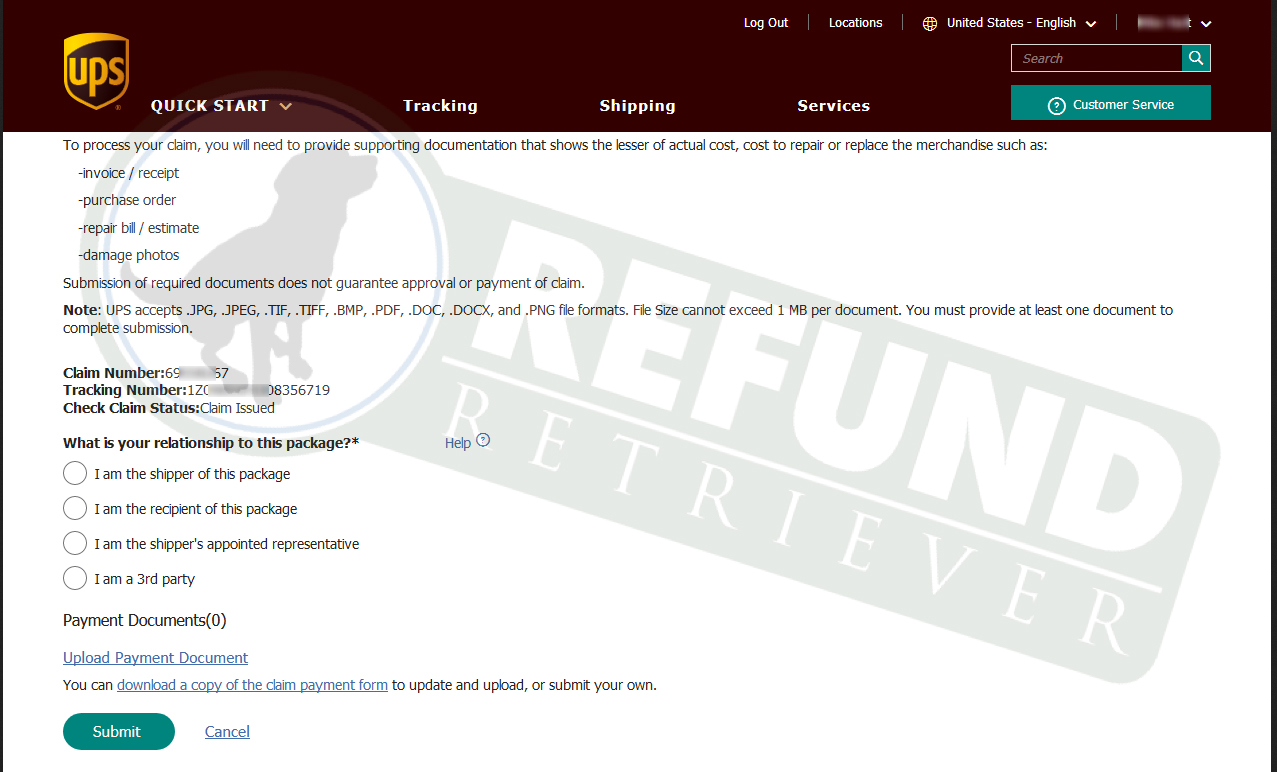 UPS claim document specifications