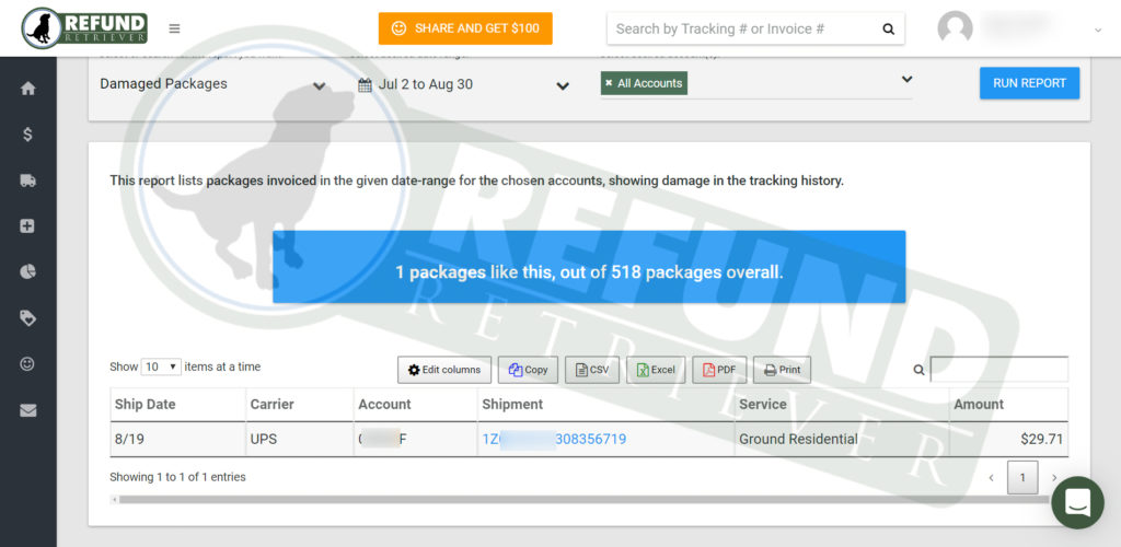Refund Retriever Damage Package Report UPS