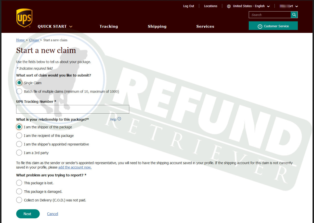 UPS start a new package claim