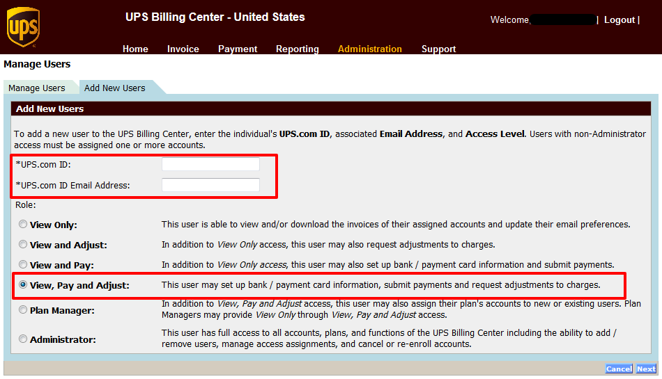 UPS Billing Add New User ID Permissions UPS security breach