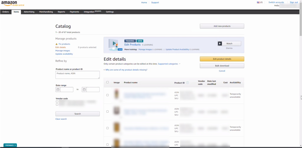 Amazon Vendor Central catalog
