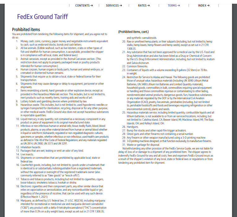 FedEx Ground Prohibited Items 2021