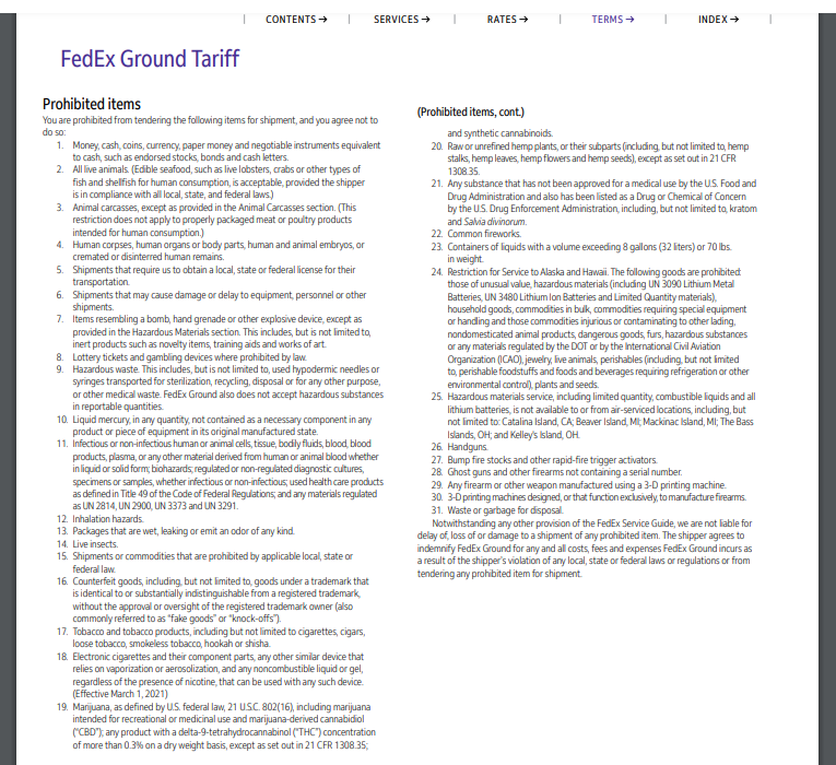 FedEx Ground Prohibited Items 2021