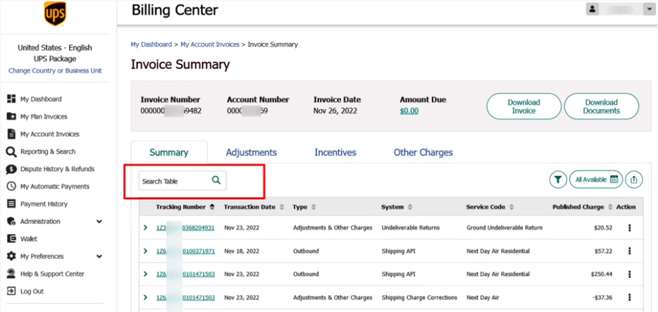 Open the Invoice and search for the tracking number UPS online billing