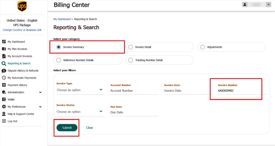 Search for the Invoice UPS online billing center