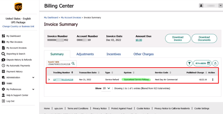 Search for the word Refund UPS online billing