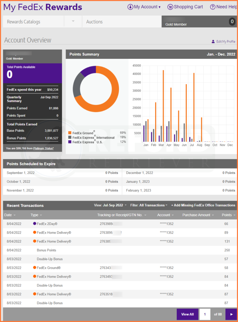 My FedEx Rewards account overview Refund Retriever
